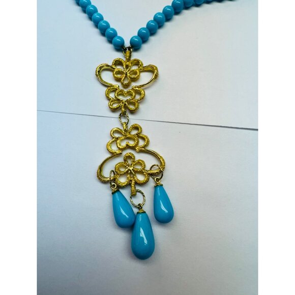 Estate Vintage 18K Gold Turquoise Beaded Necklace Handmade Dangle Drop 18" 26.8g - Picture 3 of 9
